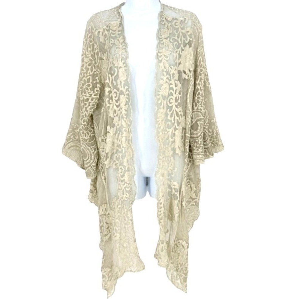 Silk Embroidered Kimono Wrap Cream Beige Floral Scallop Stevie Ethereal Fairy M‎